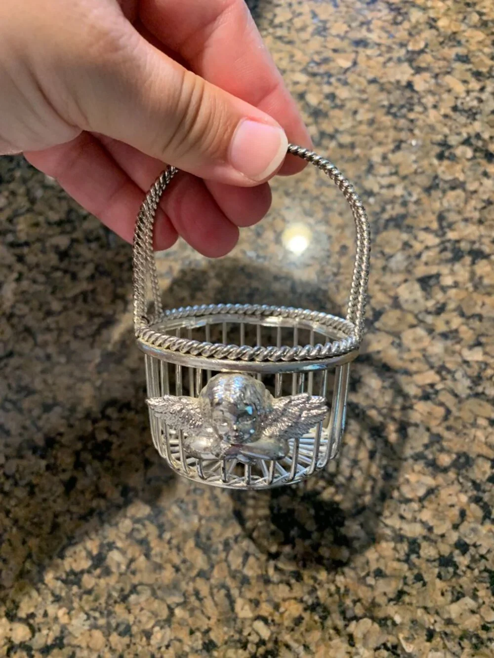 Vintage Department 56 Silver Plated Miniature Wire Basket Angel Cherub Trinket